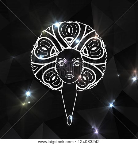 Portrait of a woman with luxuriant hair in the style of an African. Vector. The patterns in the hair. Brilliant background.