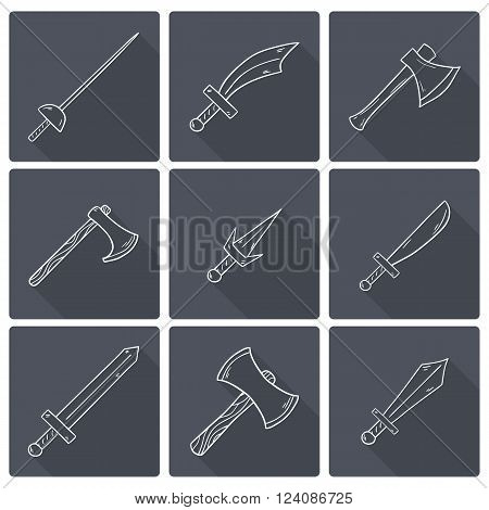Set of historical steel arms icons in cartoon hand drawn style. Vector objects on game weapon theme
