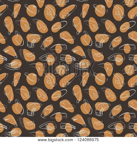 Vector seamless pattern of variety men shoes. Intricate endless background.