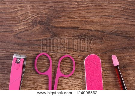 Accessories for manicure or pedicure nail file scissors nail clippers concept of nail care copy space for text