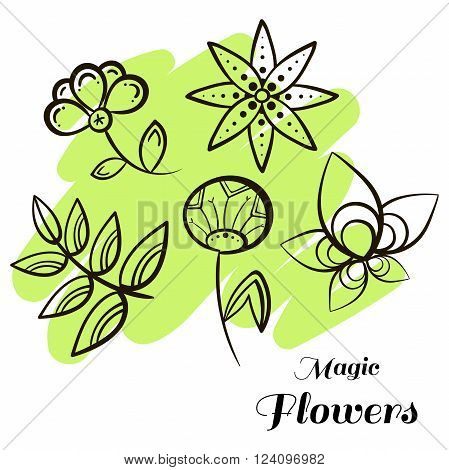 Set of doodle flowers on bright background. Vector illustration.