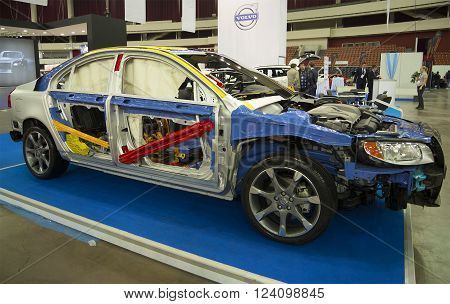 ST. PETERSBURG, RUSSIA - APRIL 12, 2015: The Volvo group demonstrates a passive safety system for passengers in the car the Volvo S80