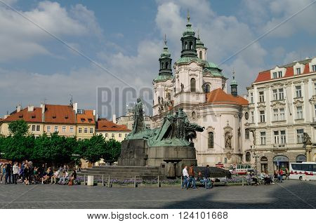 PRAGUE CZECH REPUBLIC - May 8 2012: Old Town Square with Jan Hus Monument Prague Czech Republic.