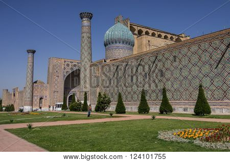 Samarkand, Uzbekistan - April 27,2015: Sher-Dor Madrasah at Registan square
