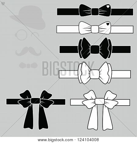Vector set tie butterflies against the backdrop of a gentleman.A man with a mustache , a hat with glasses and a bow tie.