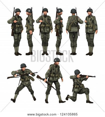 3D render of a US soldier paratrooper with his rifle in different poses on white background.