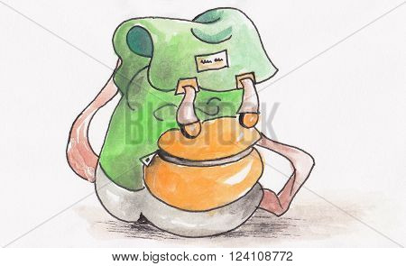 watercolor colorfull children school backpack in green
