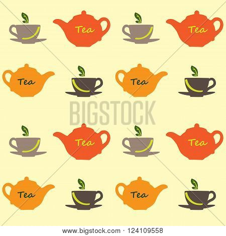 Seamless vector pattern with tea pots and tea cups.