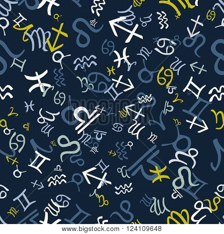 Zodiac symbols seamless pattern blue. Vector illustration.