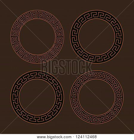 Vector set of four round meander frames. Greek hand drawn border for banner, card, invitation, postcard, label, poster, emblem and other design elements. Vector isolated illustration.