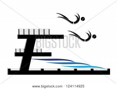 Board diving. The pool and a springboard, couple of people jump from a tower in water