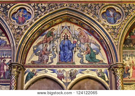 Paris, France - April 18, 2013: Christ in Judgment mosaic - a part of interior of Sainte Chapelle in Paris. The Chapel was built in 1248 by King Louis IX of France to house Passion relics, including Christ's Crown of Thorns - one of the most important rel