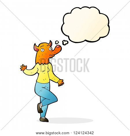 cartoon dancing fox woman with thought bubble