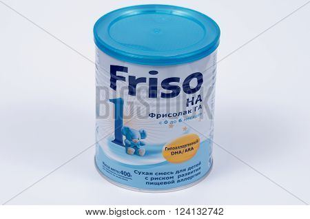Saransk, Russia - April 2, 2016: Friso HA 400g Powder Can on a white background.