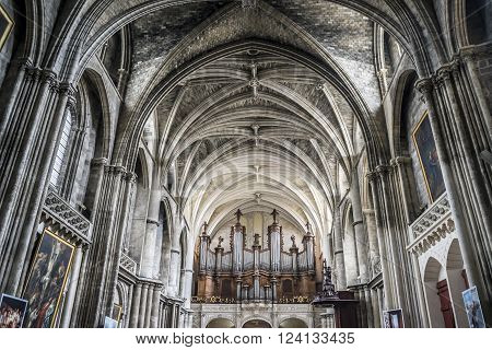 Bordeaux France - March 25 2016: 
The pipe organ in Cathedral of St. Andre.
Saint Andre is a gothic cathedral of Bordeaux capital of Aquitaine. France.