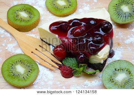 Blueberry cheese pie dessert with fresh fruit.