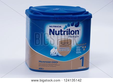 Saransk, Russia - April 2, 2016: Nutrilon 400g Powder Can on a white background.