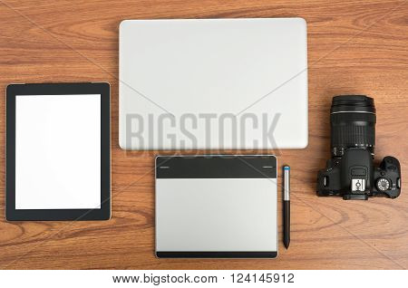 Dslr Digital Camera With Tablet And Notebook Laptop