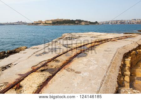 old rails in the Fort Tigne fortress in Sliema, Malta