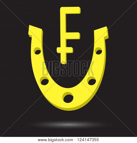 Golden horseshoe with symbol gold swiss frank. Frank lucky talisman metal icon success and gold fortune. Vector flat design illustration