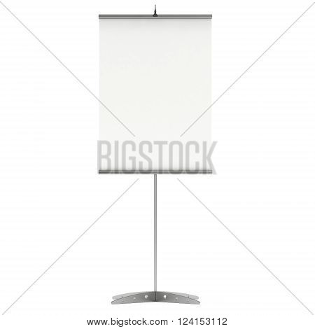 Blank Roll Up Expo Banner Stand. Trade show booth white and blank roll-up. 3d render illustration isolated on white background. Template mockup roll up banner for your expo design.