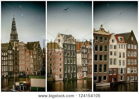 Beautiful views of the ancient buildings at the waterside and view of Oude Kerk (Old Church) from Damrak canal in Amsterdam the Netherlands