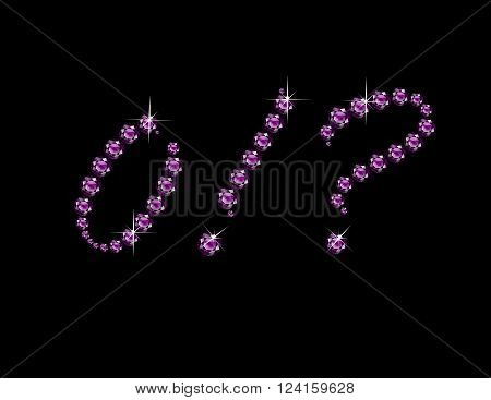 Zero Exclamation Point and Question Mark in stunning Amethyst Script precious round jewels isolated on black.