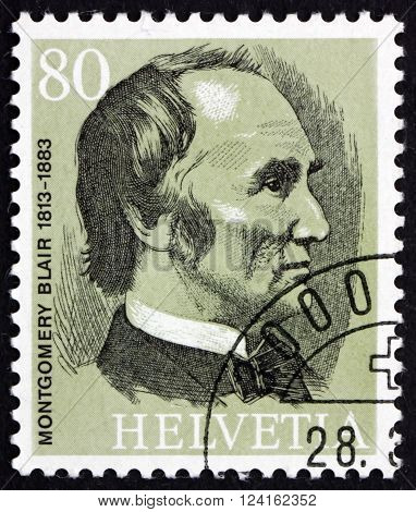 SWITZERLAND - CIRCA 1974: a stamp printed in the Switzerland shows Montgomery Blair the Founder of the UPU circa 1974