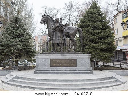 ROSTOV-ON-DON RUSSIA- NOVEMBER 29- Monument to Hero of the Patriotic War of 1812-1814 Ataman of the Don Cossacks cavalry general Graph of the Russian Empire M.I.Platov on November 29;2015 in Rostov-on-Don