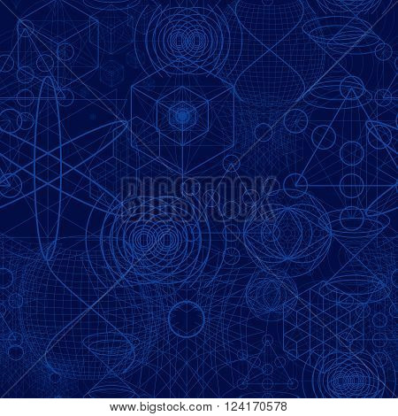 Sacred geometry symbols and elements wallpaper seamless pattern. Textile design abstract texture surface pattern. Alchemy religion philosophy astrology and spirituality themes