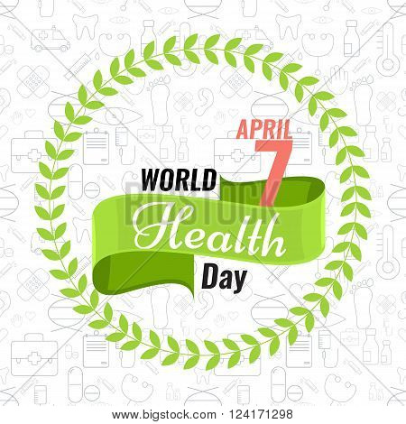 Creative sign or logo for 7 April - World Health Day Greeting stock vector. Green ribbon banner. Solid flat color design for Health Day concept. Seamless trendy outline medical icons