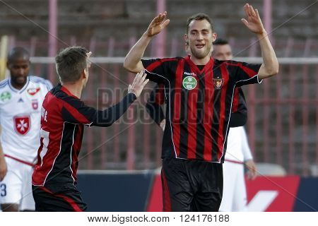 BUDAPEST HUNGARY - APRIL 2 2016: Marton Eppel of Honved celebrates his equalizer goal during Budapest Honved - Videoton OTP Bank League football match at Bozsik Stadium.