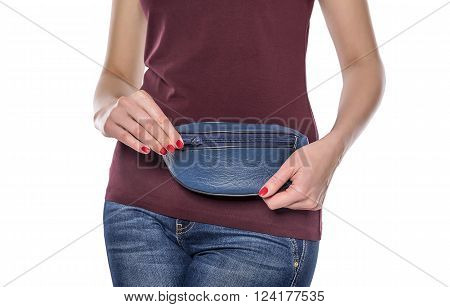 Purse for money for the women's waist. On a white background.