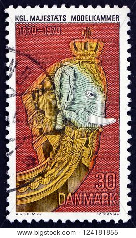 DENMARK - CIRCA 1970: a stamp printed in Denmark shows Elephant Figurehead Royal Naval Museum Tercentenary circa 1970