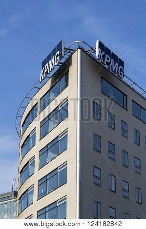 PRAGUE, CZECH REPUBLIC - MARCH 31: Professional service company KPMG logo on the building of the Czech headquarters on March 31, 2016 in Prague, Czech republic.