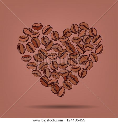 hand drawn ink coffee beans in heart, sketch of coffee beans. vector eps 10