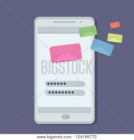 Email marketing design. Message send on mobile phone.Flat style vector illustration.