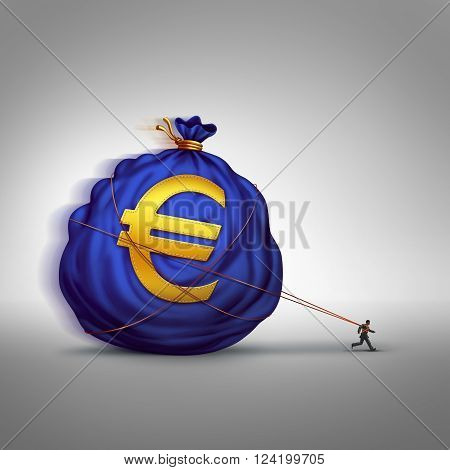 European financial stress managing wealth business concept as a businessman dragging a big bag of euro currency as a financial metaphor for finance management or debt burden in the Europe economy.