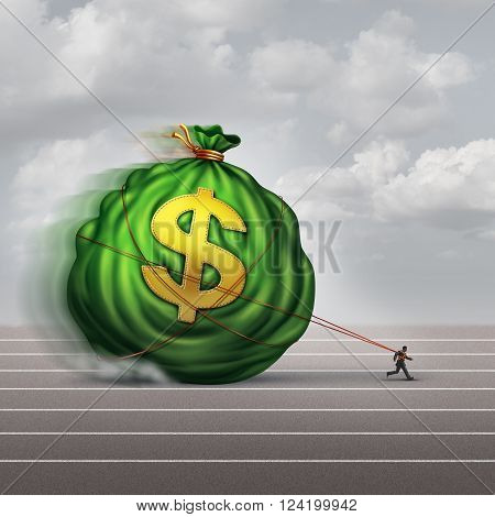 Managing wealth business concept as a businessman dragging a big bag of money as a financial metaphor for finance management or debt burden as a lender shackled to a huge debt.