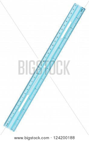 Blue ruler. Object is isolated on white background without shadows.