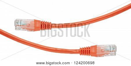 Orange connector RJ-45 and cable. Objects isolated on white background without shadows
