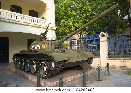 HANOI, VIETNAM - JANUARY 09, 2016: Soviet tank T-54B in the city of Hanoi. The historic landmark of the city of Hanoi, Vietnam