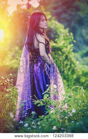 Asia Pretty Girl Standing On Nature