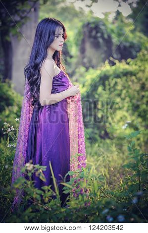 Asia Pretty Girl Standing On Nature