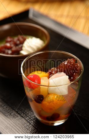 close up shot of Japanese cold dessert ANMITSU