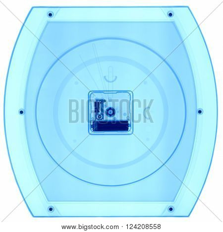 Wall clock under X-rays in blue tones. Rontgen, fluoroscopic image.