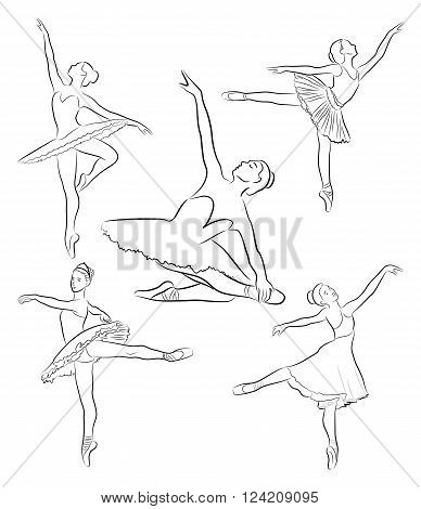 Vector image of ballet dancers in various poses of dance.