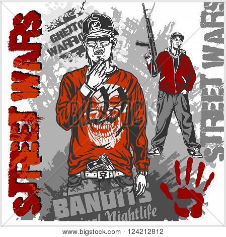 Bandits with guns and design elements - vector set. Ghetto Warriors. Vector illustration