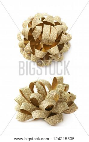 Decorational golden ribbon gift bow isolated over the white background, set collection of two diffirent foreshortenings
