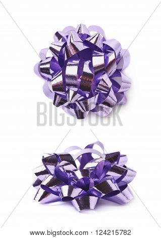Decorational violet ribbon gift bow isolated over the white background, set collection of two diffirent foreshortenings